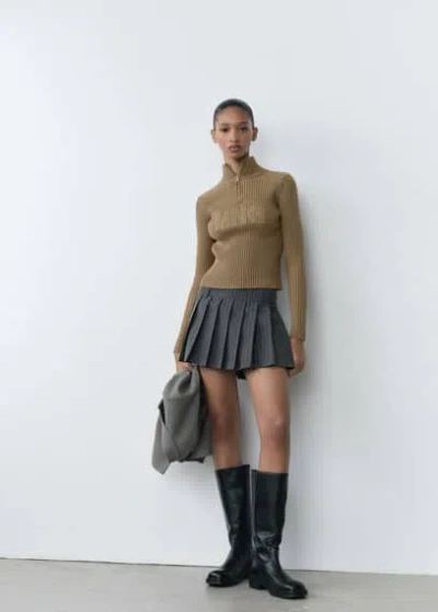 Mango Perkins-neck Sweater With Logo Khaki