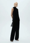 Mango Perkins Neck Velvet Top Black