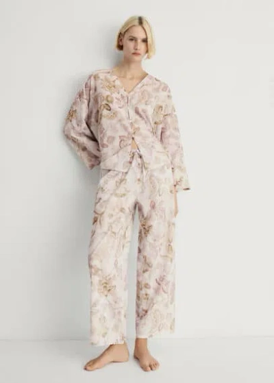 Mango Pyjama Trousers With Floral Detail In Light/pastel Grey