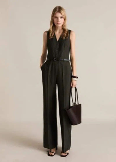 Mango Pinstripe Jumpsuit With Belt Billiard Green