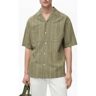 Mango Pinstripe Linen & Cotton Bowling Camp Shirt In Green