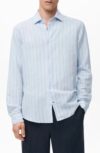 Mango Pinstripe Linen & Cotton Button-up Shirt In Blue