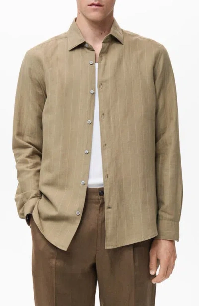Mango Pinstripe Linen & Cotton Button-up Shirt In Brown