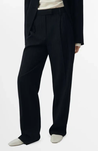 Mango Pinstripe Pleat Front Straight Leg Pants In Blue