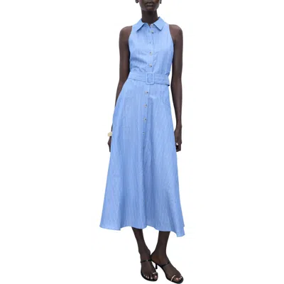 Mango Pinstripe Sleeveless Cotton & Linen Blend Shirtdress In Blue