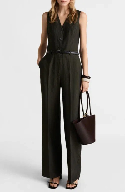 Mango Pinstripe Sleeveless Jumpsuit In Billiard Green