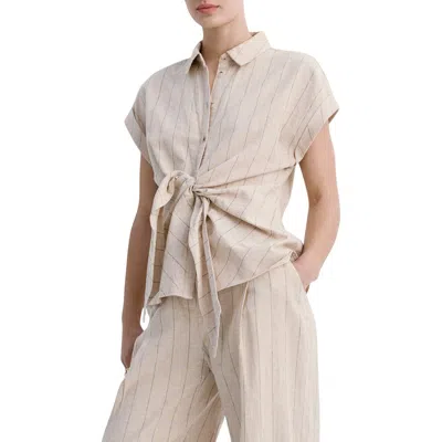 Mango Pinstripe Tie Waist Linen & Cotton Shirt In Neutral