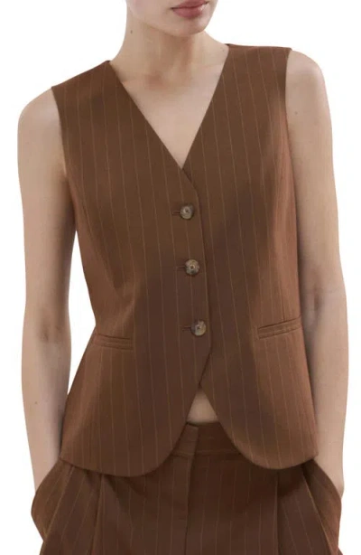 Mango Pinstripe Vest In Brown