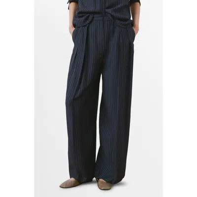 Mango Pinstripe Wide Leg Pants In Blue
