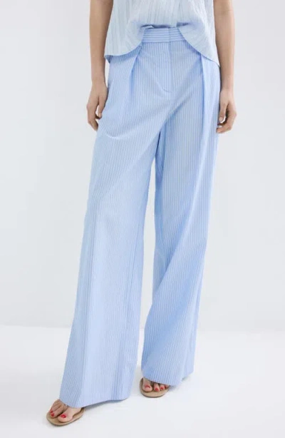 Mango Pinstripe Wide Leg Pants In Blue
