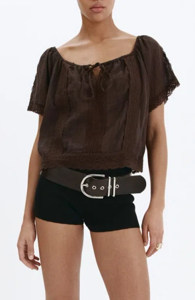 Mango Pintuck Lace Trim Cotton Shirt In Brown