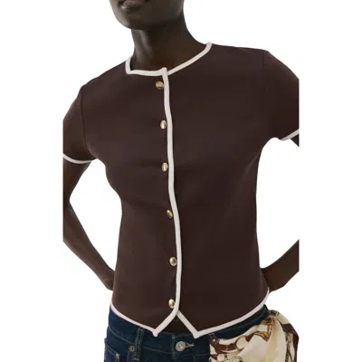 Mango Piped Trim Cotton Button-up Top In Brown