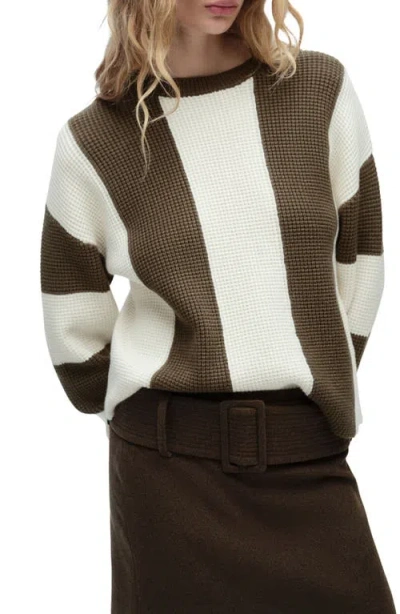 Mango Pitera Stripe Crewneck Sweater In Khaki Green