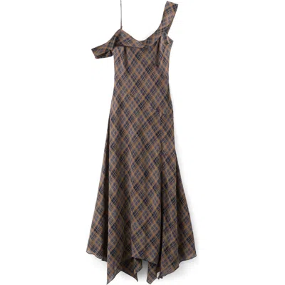 Mango Plaid Asymmetric Sleeveless Dress In Brown