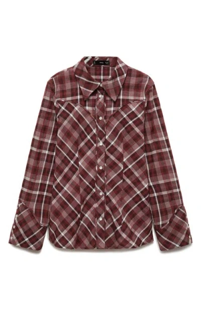 Mango Plaid Snap-up Shirt In Burgundy