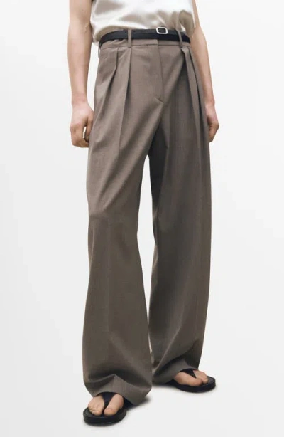 Mango Pleat Front Wide Leg Suit Pants In Medium Brown
