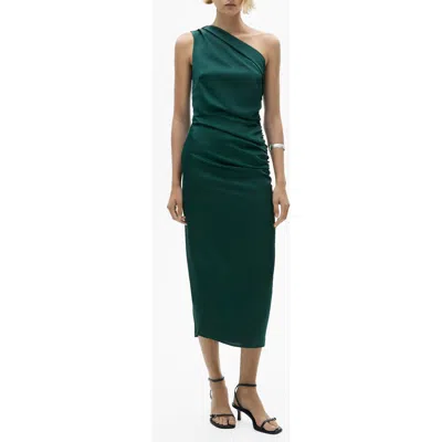 Mango Pleat Shoulder Ruched One-shoulder Dress In Green