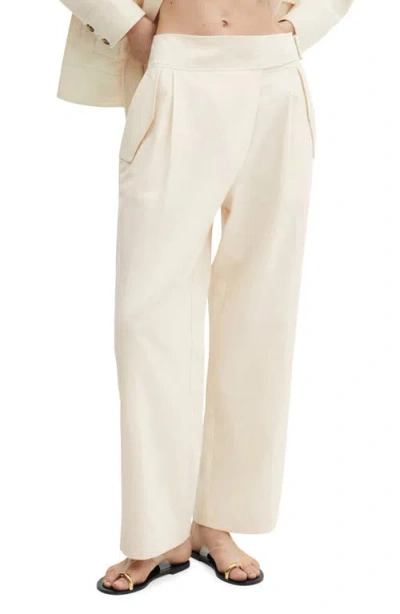 Mango Pleated Belted Cotton & Linen Wide Leg Pants In Natural Ivory