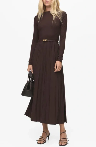 Mango Pleated Belted Maxi Dress In Brown