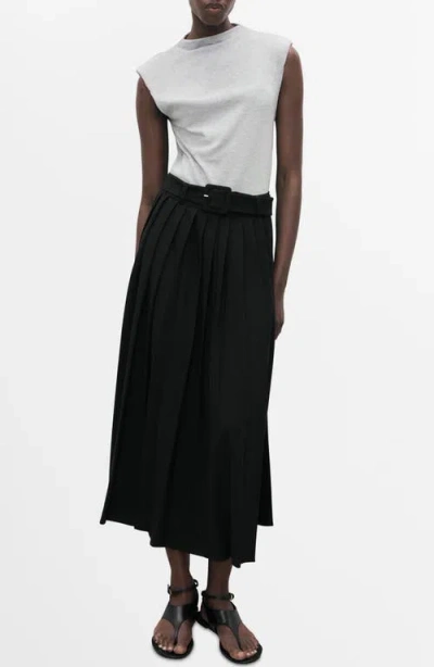 Mango Pleated Belted Maxi Dress In Black
