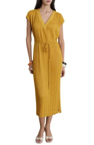 Mango Pleated Belted Midi Dress In Mustard