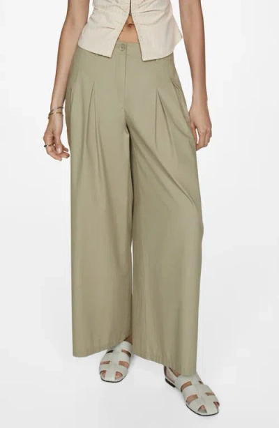 Mango Pleated Cotton Wide Legs Pants In Aqua Green