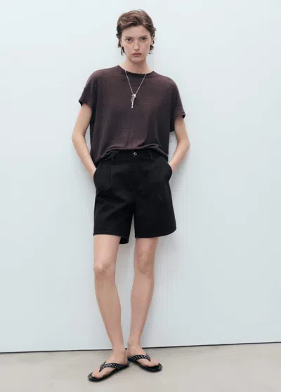 Mango Pleated Denim Bermuda Shorts Black Denim