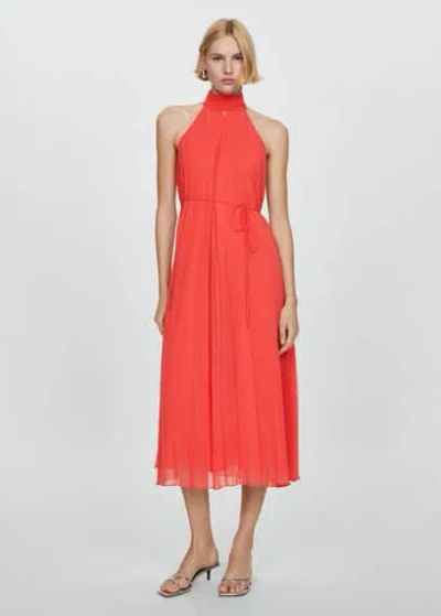 Mango Pleated Halter Neck Dress Coral Red