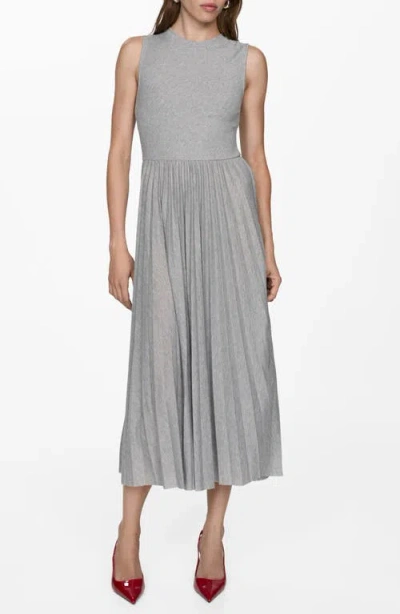 Mango Pleated Heathered Jersey Midi Dress In Medium Heather Grey
