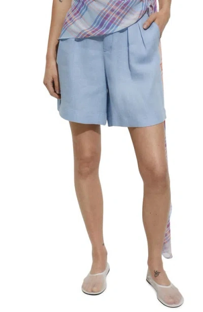Mango Pleated High Waist Linen Shorts In Sky Blue