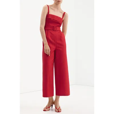Mango Pleated Linen Blend Jumpsuit With Belt In Red