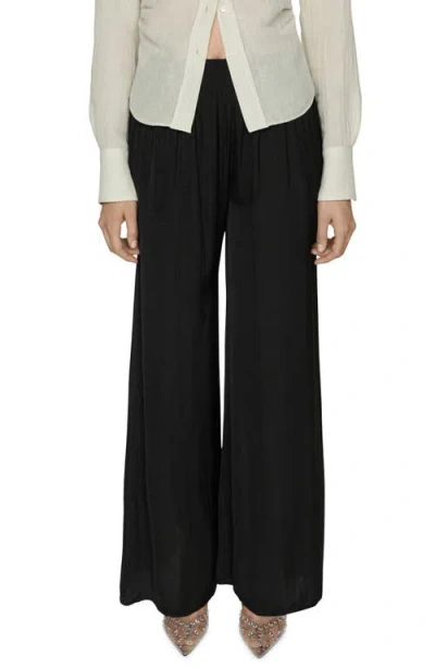Mango Pleated Linen Blend Wide Leg Pull-on Pants In Black
