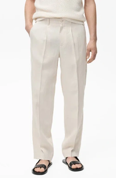 Mango Pleated Linen Pants In Ivory White