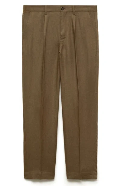 Mango Pleated Linen Pants In Medium Green