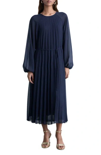 Mango Pleated Long Sleeve Belted Dress In Navy
