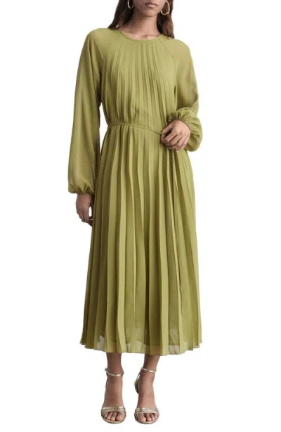 Mango Pleated Long Sleeve Belted Dress In Olive Green