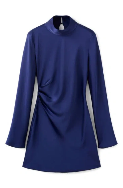 Mango Pleated Long Sleeve Satin Dress In Blue