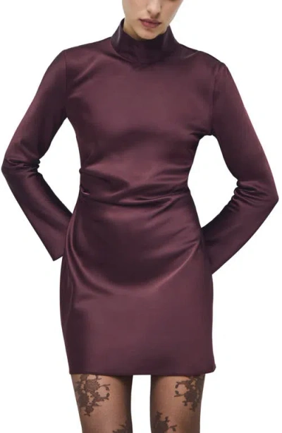 Mango Turtleneck Long Sleeve Satin Maxi Dress In Burgundy