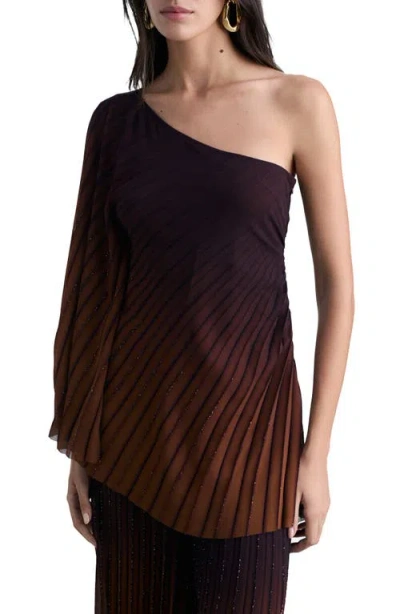 Mango Pleated Metallic One-shoulder Top In Coffee