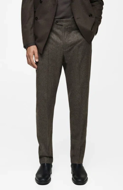 Mango Pleated Micro Houndstooth Check Virgin Wool Blend Dress Trousers In Medium Brown