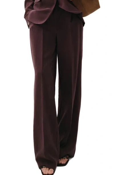 Mango Pleated Mid Rise Wide Leg Pants In Burgundy