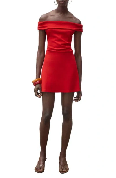 MANGO MANGO PLEATED OFF THE SHOULDER DRESS