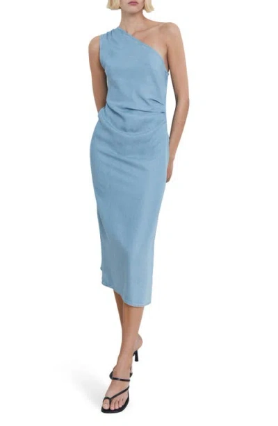 Mango Pleated One-shoulder Chambray Dress In Blue