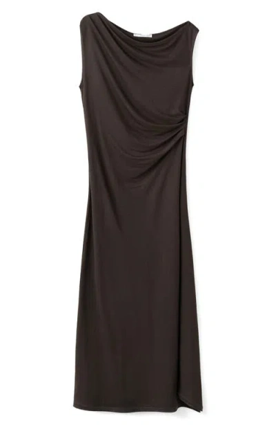 Mango Pleated One-shoulder Midi Dress In Brown