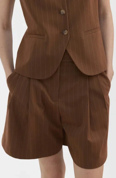 Mango Pleated Pinstripe Straight Fit Bermuda Shorts In Brown