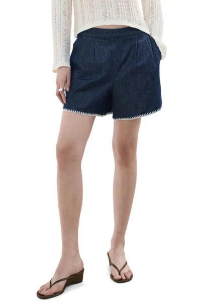 Mango Pleated Pull-on Denim Shorts In Blue