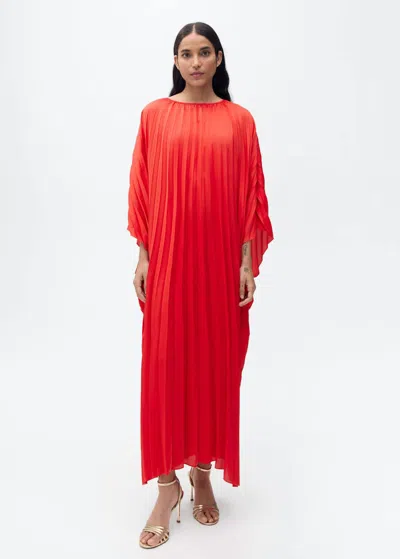 Mango Pleated Three-quarter Sleeve Dress Red