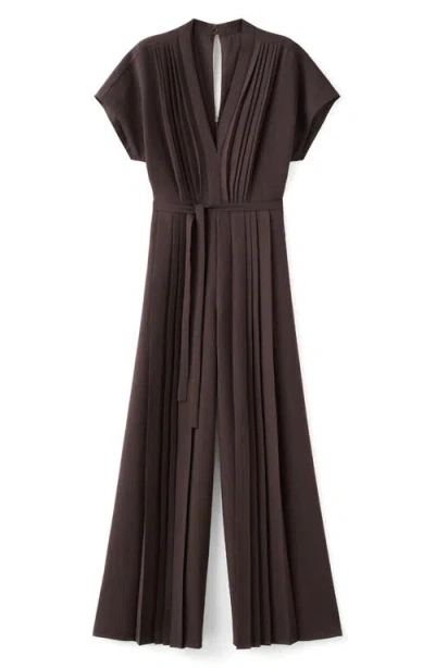Mango Pleated Tie Belt Jumpsuit In Brown
