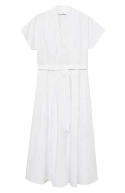 Mango Pleated Tie Waist Cotton Midi Dress In White