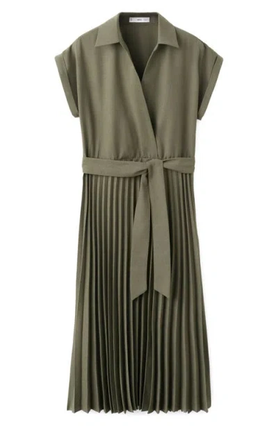 Mango Pleated Tie Waist Maxi Shirtdress In Green